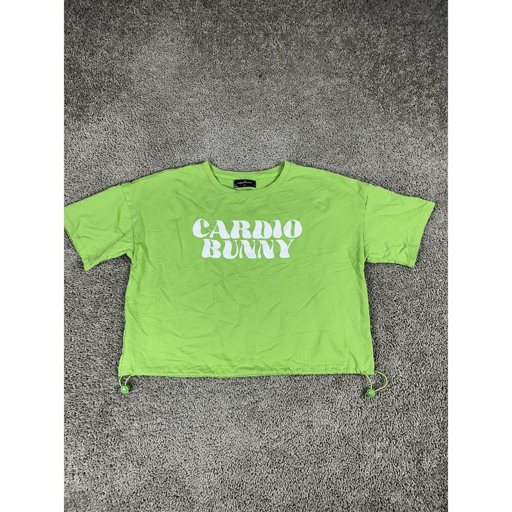 Cardio Bunny Shirt Womens XL Neon Green Cropped Drawstring Hem Graphic T-Shirt